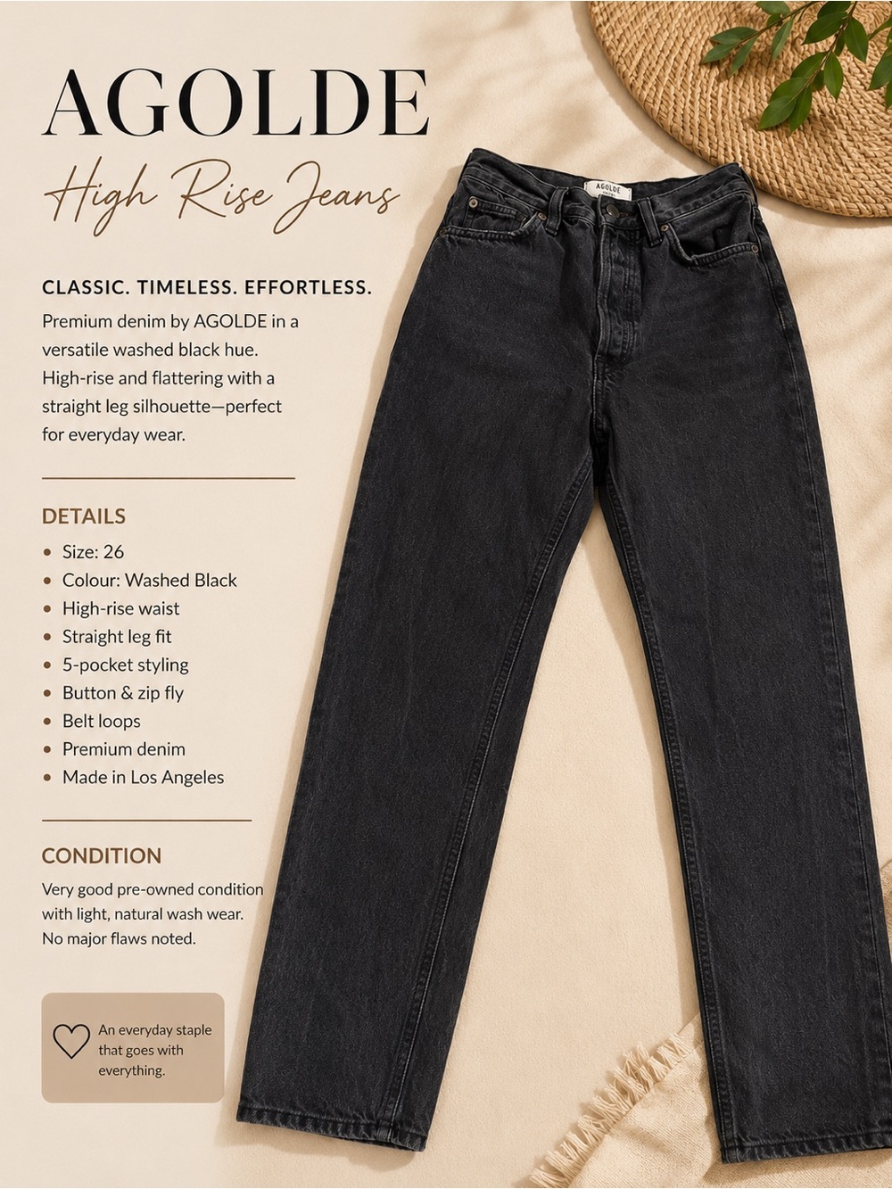 Agolde Distressed Black Straight Leg Jeans – Size 26